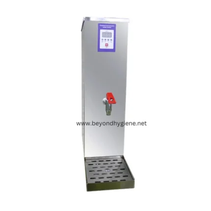 Automatic hand sanitizer dispenser with foot pedal, stainless steel stand, and digital display for hygiene safety in public spaces. Perfect for health-conscious environments.