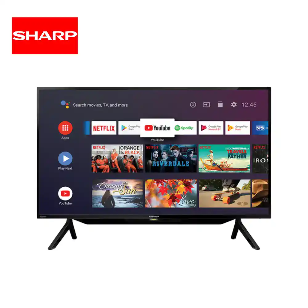2K Android TV 2T-C42BG1X Sharp smart TV displaying various streaming apps and content, ideal for home entertainment and digital connectivity.
