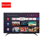 Sharp smart TV displaying YouTube and streaming apps, promoting digital entertainment solutions.