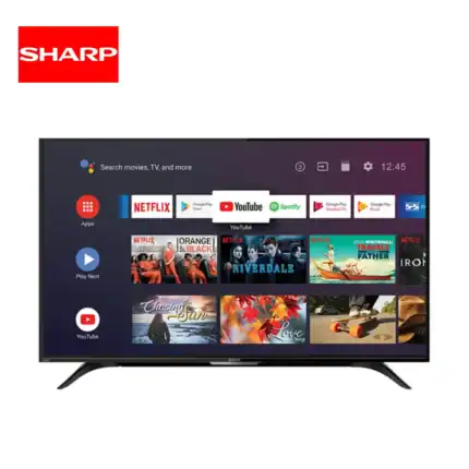 Sharp smart TV displaying YouTube and streaming apps, promoting digital entertainment solutions.