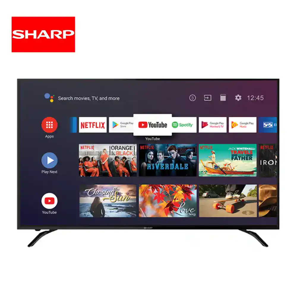 4K Android TV 4T-C60BK1X_1 Netflix streaming app on a modern smart TV with YouTube, Spotify, and Google Play Music icons; showcasing digital entertainment options in Southeast Asian households.