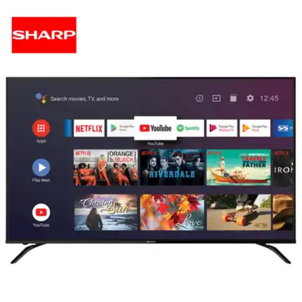Sharp smart TV displaying popular streaming apps like Netflix, YouTube, and Spotify, with a colorful interface and easy navigation for entertainment and multimedia viewing.