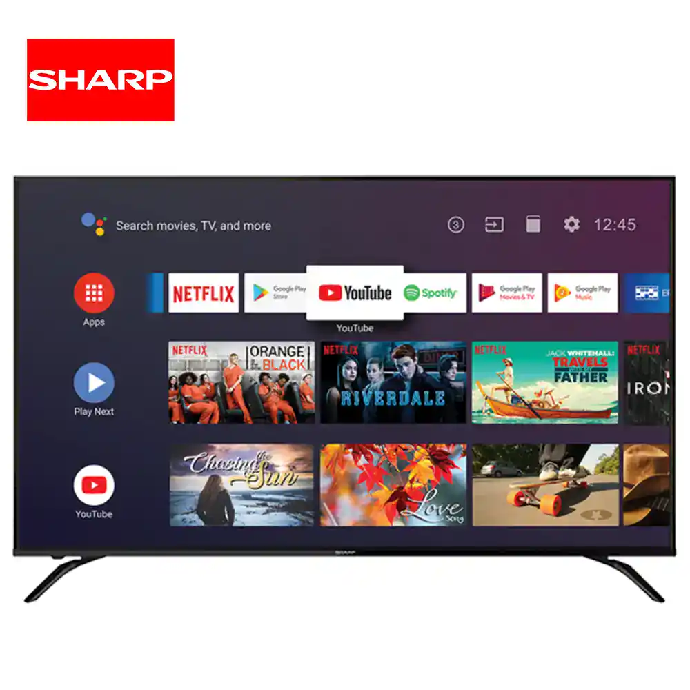 4K Android TV 4T-C70BK1X_1 Sharp smart TV displaying popular streaming apps like Netflix, YouTube, and Spotify, with a colorful interface and easy navigation for entertainment and multimedia viewing.