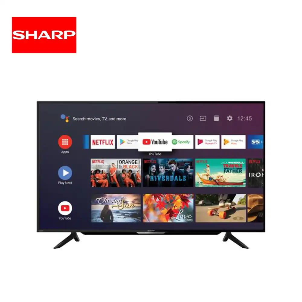 4T-C50CK1X Netflix and YouTube streaming apps displayed on a Sharp smart TV for entertainment and media consumption.
