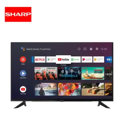 Sharp flat-screen smart TV displaying YouTube, Netflix, and streaming apps.