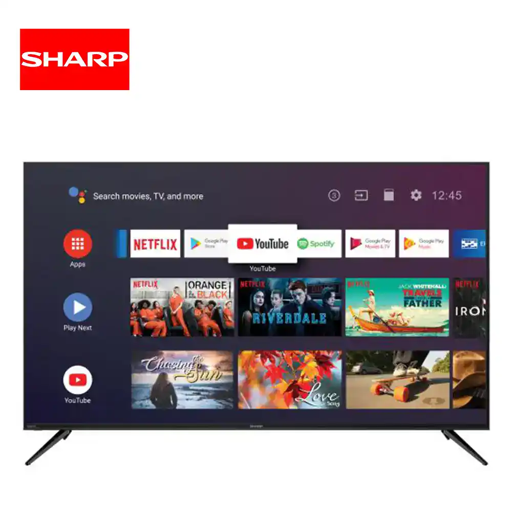 4T-C70CK3X_1 Sharp 4K smart TV with streaming apps like Netflix, YouTube, and Spotify, perfect for home entertainment and digital content consumption.