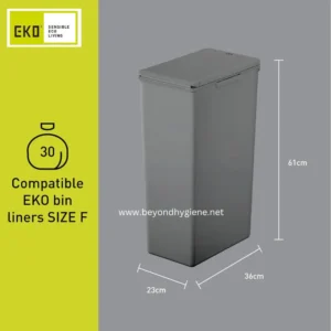 EKO compatible bin liner, stainless steel trash can, office waste receptacle, eco-friendly waste management, hygienic garbage bin with dimensions 61cm x 36cm x 23cm.