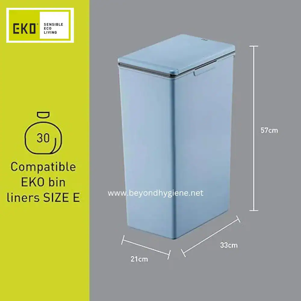 Morandi Touch Plastic Recycler 30L Titanium Blue (3) EKO compatible bin with 30L capacity, dimensions 57cm x 33cm x 21cm, for eco-friendly waste management and hygiene control. Ideal for trash liners and sustainable living environments.