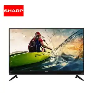 Sharp LED Smart TV displaying a person kayaking on water, vibrant colors, sleek design.