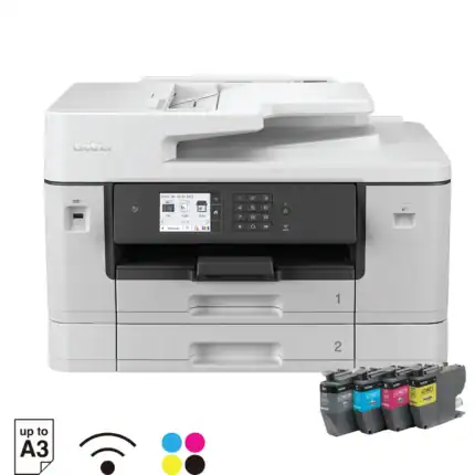 Laser multifunction printer with wireless connectivity, ideal for office use, supporting printing, scanning, copying, and faxing up to A3 size, with ink cartridge compatibility.