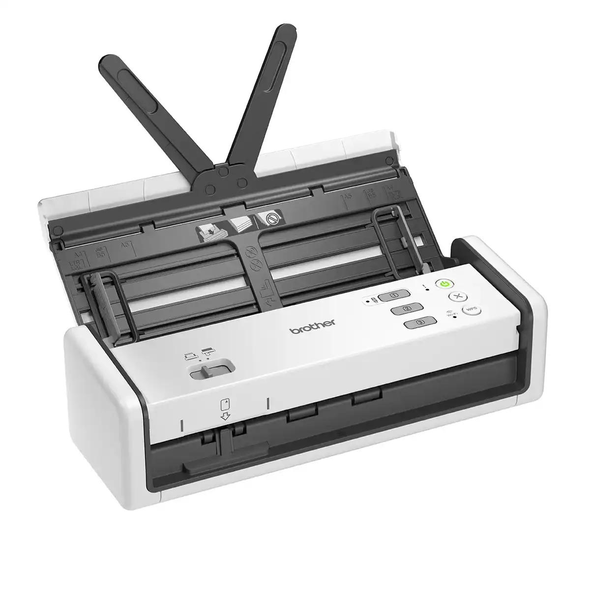 ADS-1350W_R Laser printer image, office equipment, Brother branded laser printer for document printing, open paper tray with internal components visible, suitable for business or home office settings.