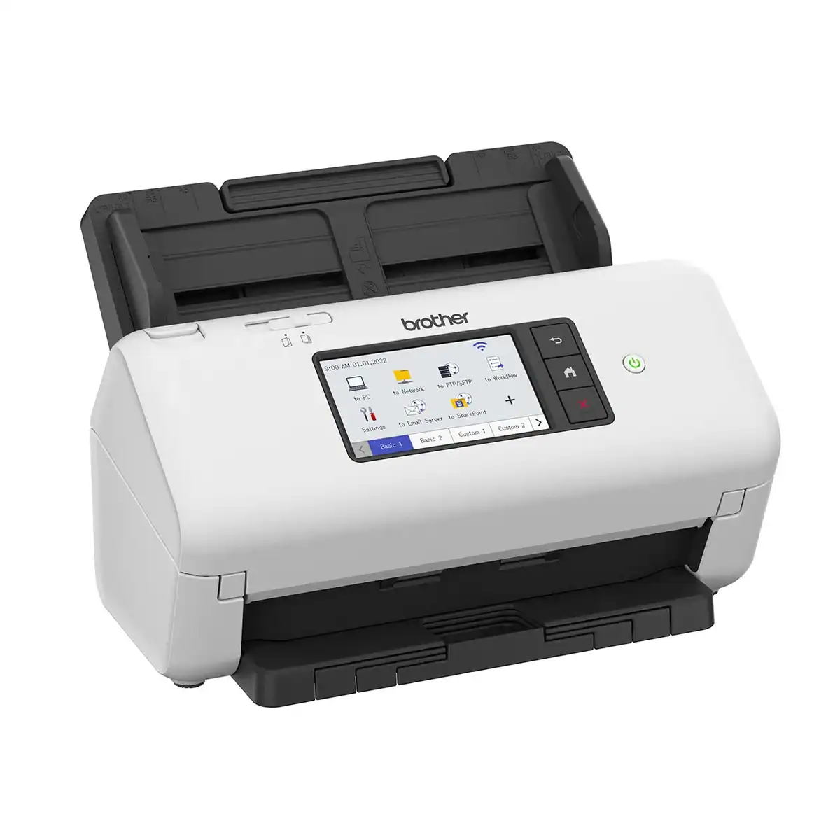 ADS-4700W_R Thermal label printer with touch screen interface for office or industrial use, featuring wireless connectivity and customizable printing options.
