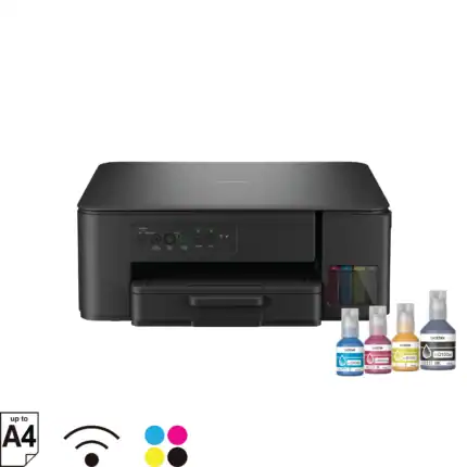 High-quality black inkjet printer with multiple ink bottles, wireless connectivity, and up to A4 size printing, designed for professional and home office use at Beyond Hygiene Asia.
