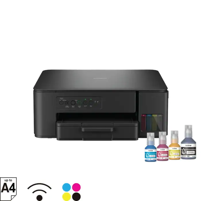 High-quality black inkjet printer with multiple ink bottles, wireless connectivity, and up to A4 size printing, designed for professional and home office use at Beyond Hygiene Asia.
