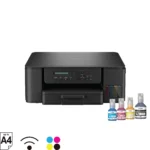 High-quality inkjet printer with wireless connectivity and color ink bottles for home or office use, compatible with A4 paper size, ensuring professional printing and versatile document processing.