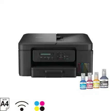 Multi-function color inkjet printer with wireless connectivity and ink bottles, suitable for home and office use.