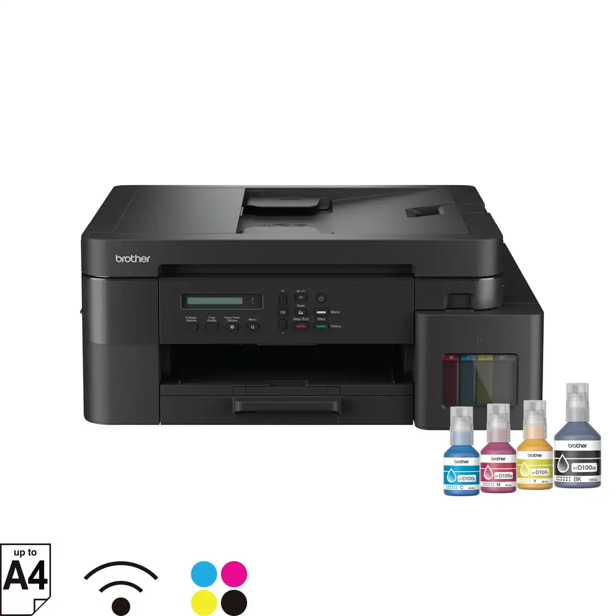 DCP-T830DW High-quality Brother color laser printer with ink bottles, wireless connectivity, suitable for office use, supports up to A4 printing, eco-friendly toner, perfect for business and professional environments.