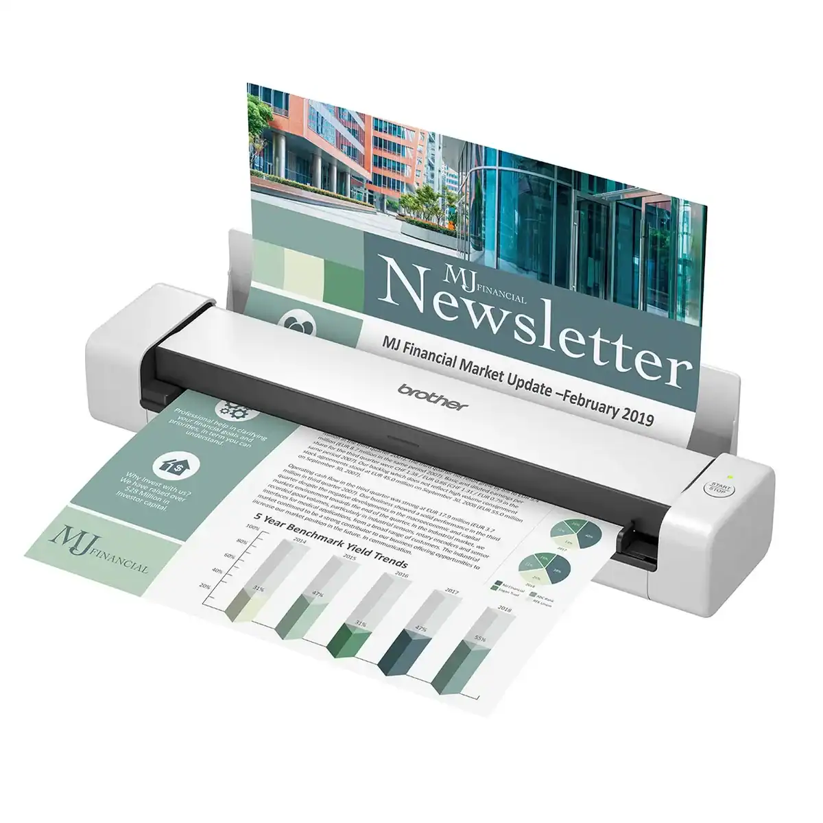 DS-740D-L MJ Financial newsletter printing on a compact digital paper cutter, focusing on business updates and market analysis, representing professional services from Beyond Hygiene Asia.