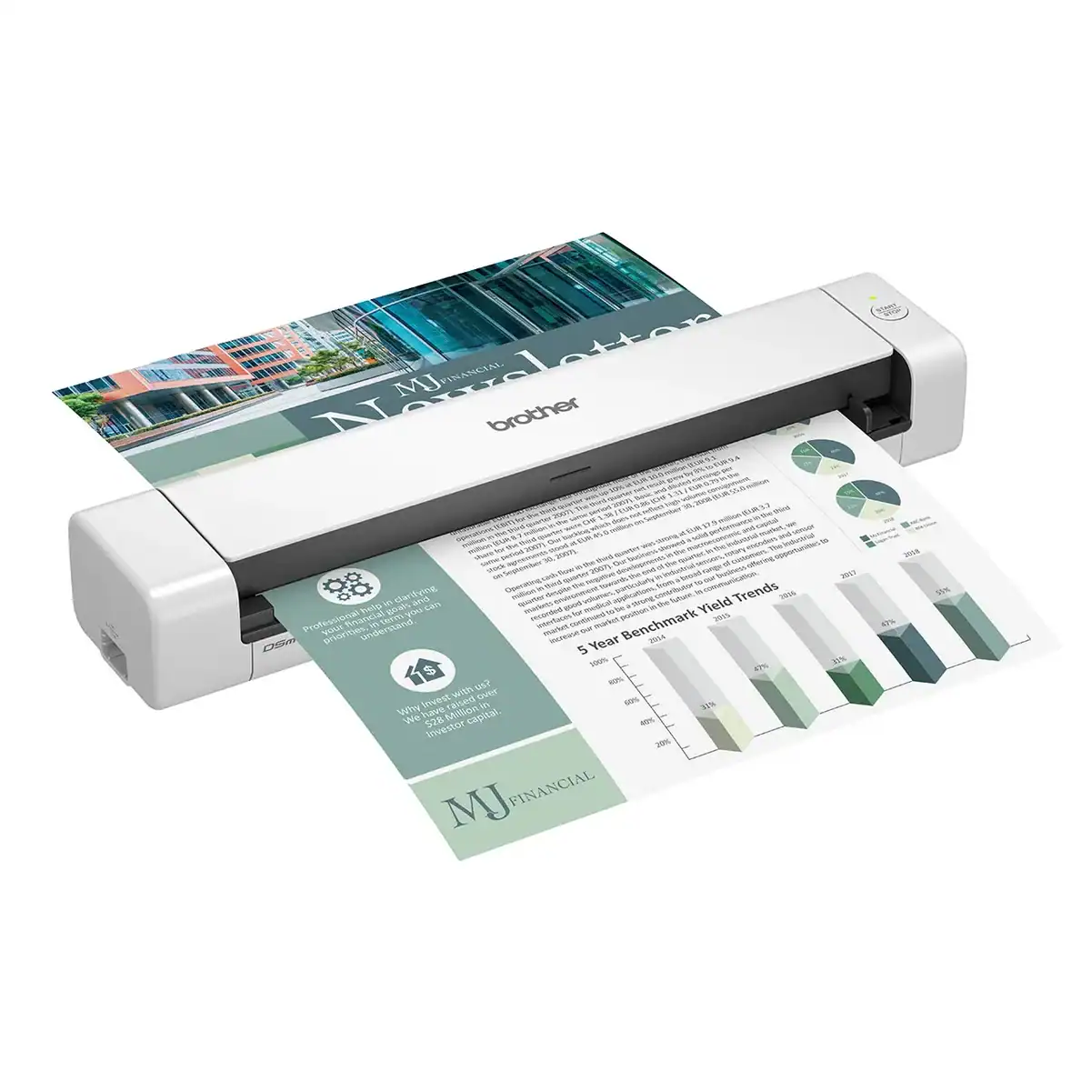 DS-740D-R High-quality Brother paper cutter cutting through printed business reports, highlighting professional document finishing for corporate or graphic design needs.