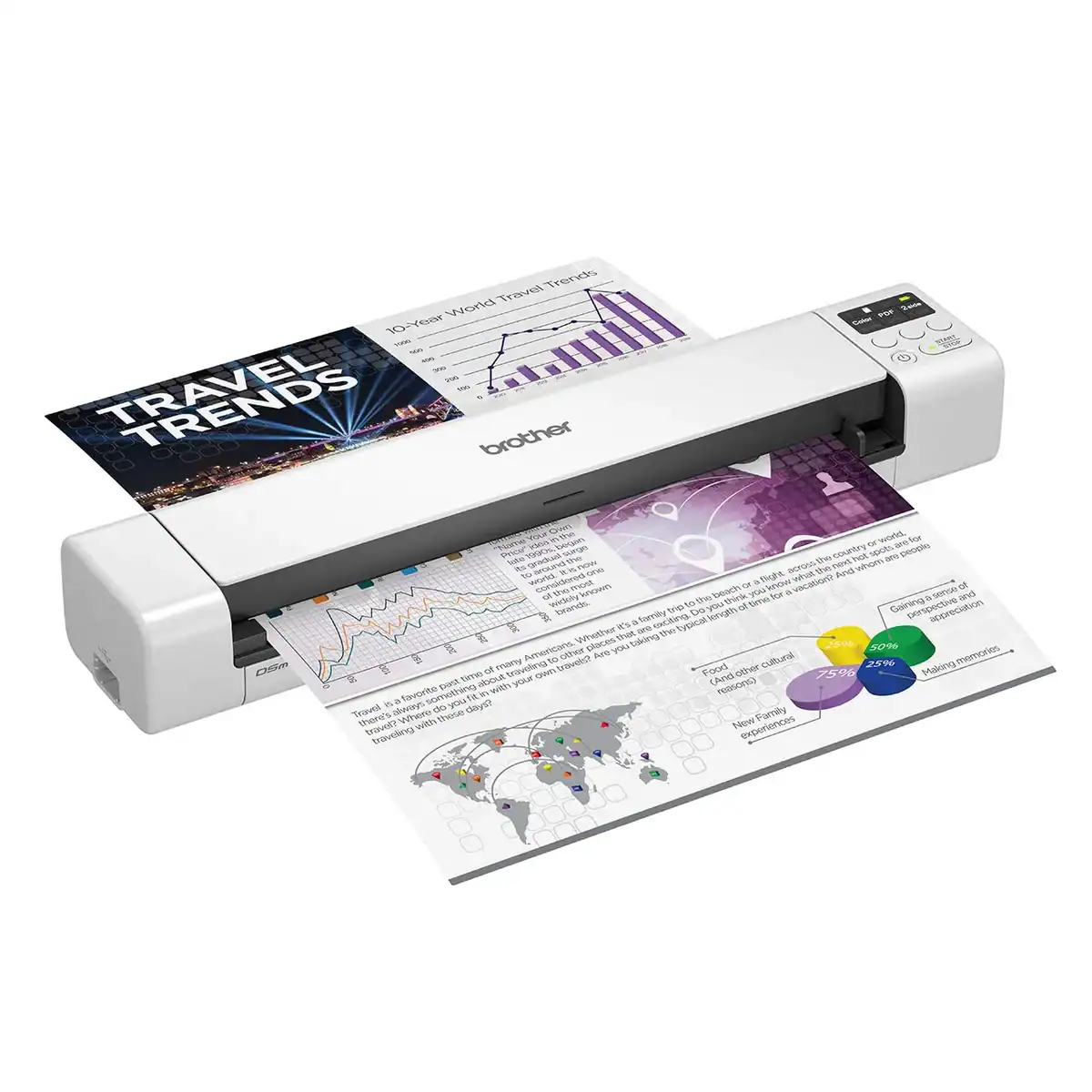 DS940DW-R High-resolution image of a Brother paper trimmer cutting colorful travel trend infographic sheets, ideal for professional document and report trimming in office or business settings.