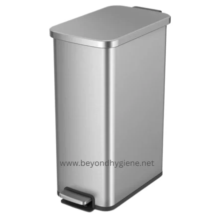 Trash can with foot pedal and stainless steel finish for hygiene and waste management in commercial spaces.