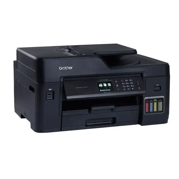 High-quality black Brother multifunction laser printer, ideal for office use, featuring wireless connectivity, color printing, scanning, copying, and professional document management.