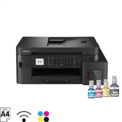 Laser printer with wireless connectivity and color ink bottles for high-quality printing | Brother multifunction printer ideal for office use.