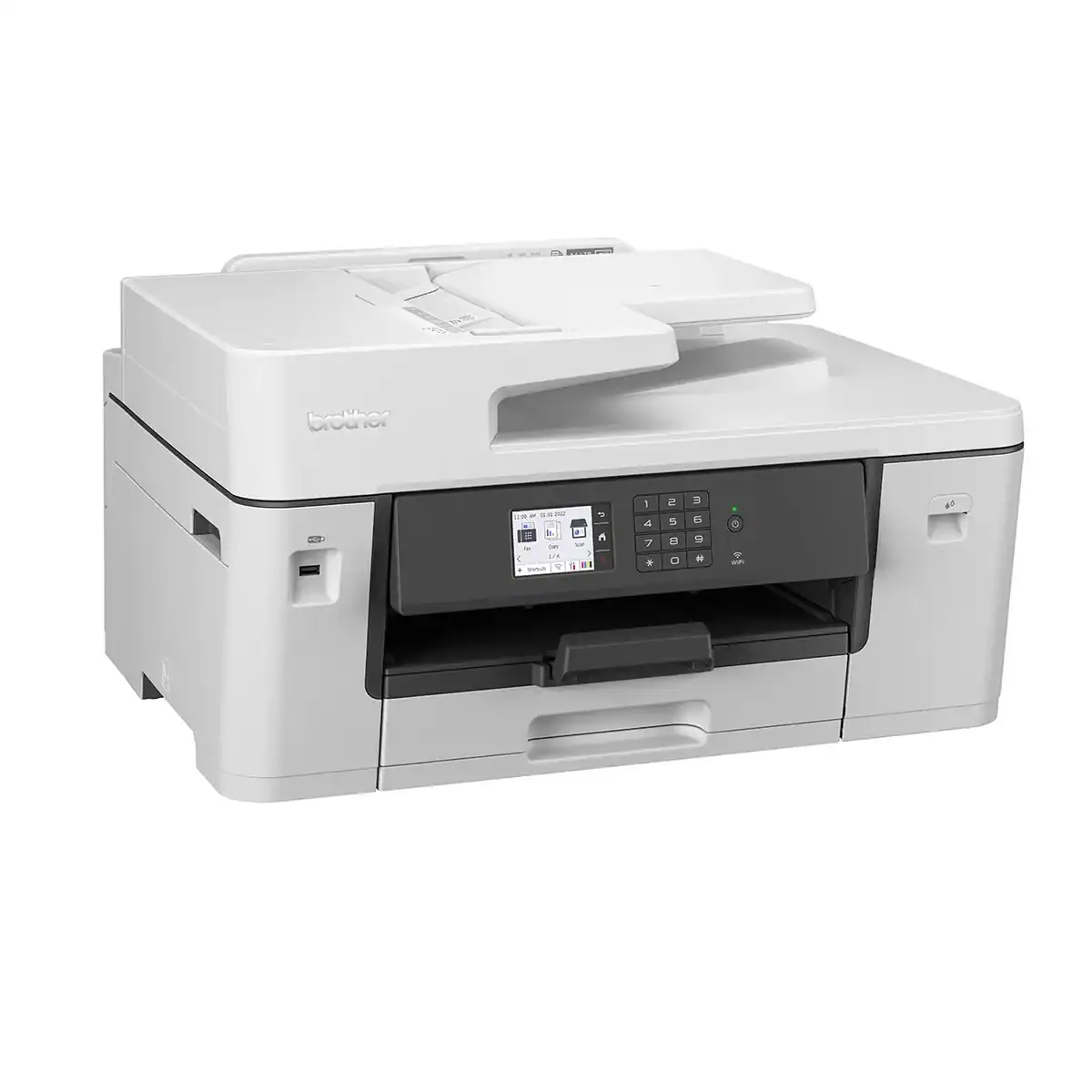 MFC_J3540DW_R Black and white modern multifunction printer with touchscreen display for office and commercial printing needs.