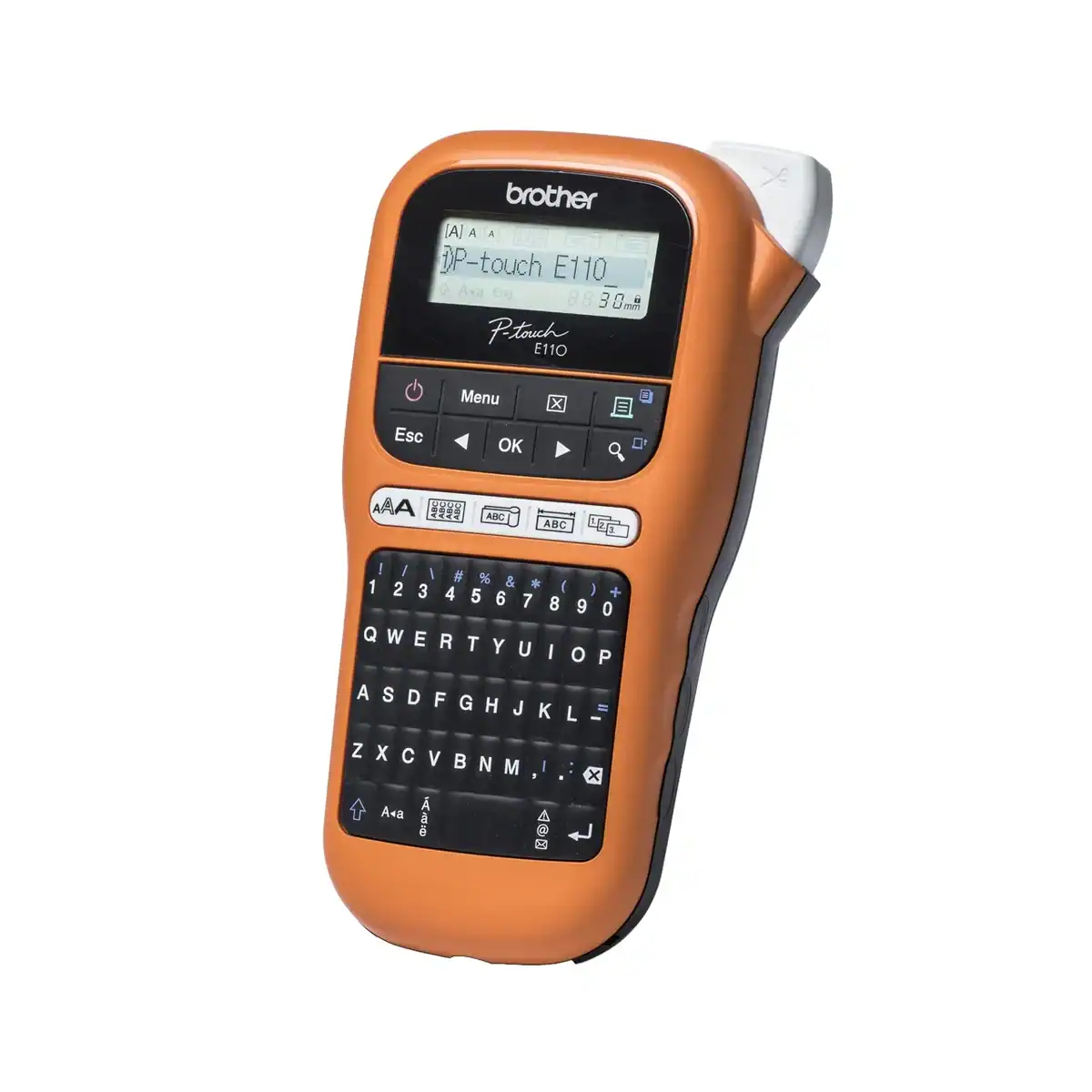 PT-E110-L Brother P-touch E110 label maker, compact office device for professional labeling solutions, ideal for organizing files, folders, and workstation setup in business environments.