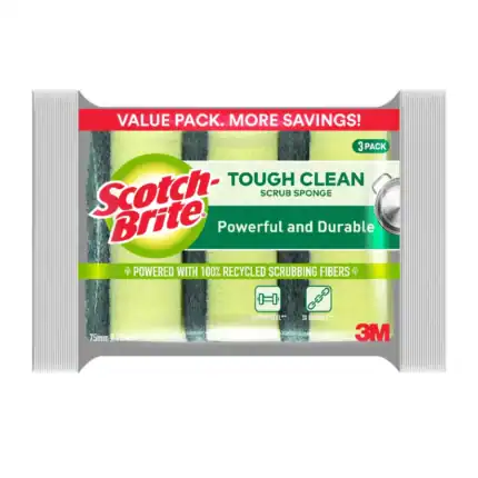Scotch-Brite Tough Clean Scrub Sponge 3-pack, durable and eco-friendly cleaning tool with recycled fibers for kitchen and household cleaning.