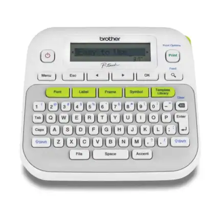 Brother P-touch label printer with digital display and colorful button controls for easy label customization and printing in office and home organization settings.