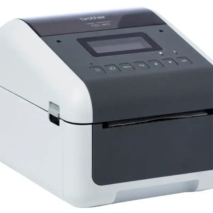Thermal label printer for business use, compact design, high-speed printing, ideal for retail and logistics applications.