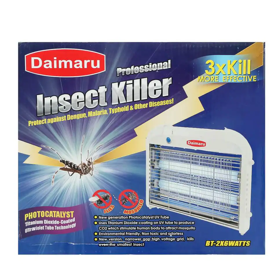 Daimaru BT-2X6W White 1 Effective insect killer for mosquitoes, flies, and gnats, using UV light and titanium dioxide coating for maximum pest control in Asia. Suitable for homes and commercial spaces.