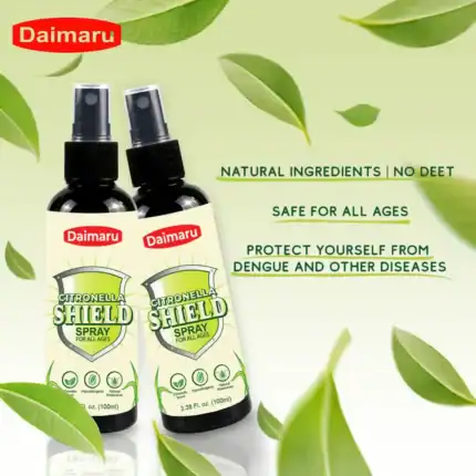 Daimaru Citronella Shield Spray for all ages, natural ingredients, no DEET, protects against dengue, mosquitoes, and diseases, eco-friendly, hypoallergenic, safe insect repellent.