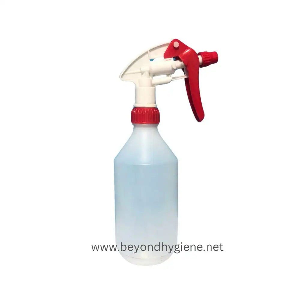 Sansoo 500ml Red Spray disinfectant bottle used for sanitizing surfaces at Beyond Hygiene Asia, emphasizing cleaning solutions for hygiene and sanitation.
