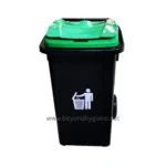 Green and black outdoor trash bin with lid and waste disposal icon, suitable for public hygiene and waste management in Asia, durable trash container for cleaning services beyond hygiene asia.