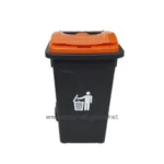 Orange and black waste bin with lid for trash disposal, suitable for hygiene and sanitation in Asian workplaces and public spaces, promoted by Beyond Hygiene Asia.