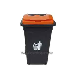 Orange and black waste bin with lid for trash disposal, suitable for hygiene and sanitation in Asian workplaces and public spaces, promoted by Beyond Hygiene Asia.