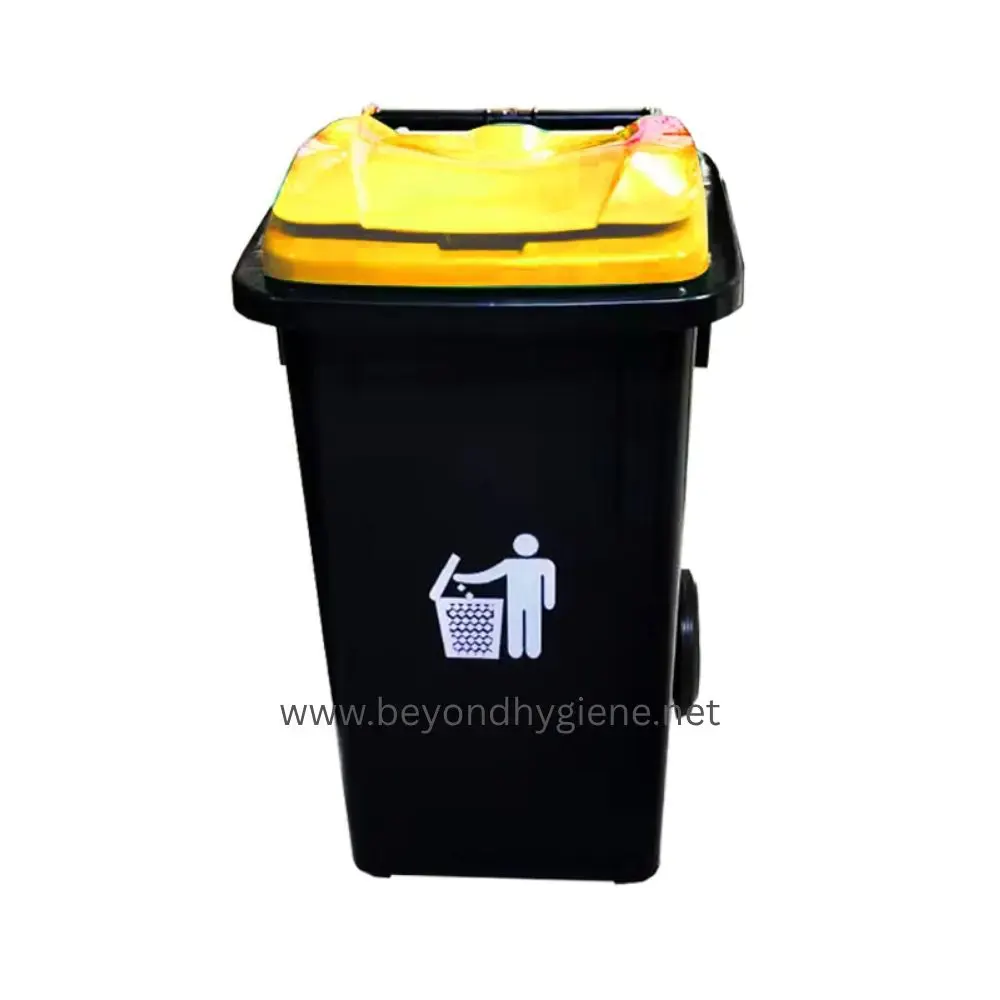 100L Trash Bin with Wheels YELLOW - NK6100 Recycling trash bin with yellow lid for waste disposal, suitable for hygiene and sanitation in Asia.