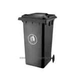 Black outdoor trash bin for waste disposal, suitable for industrial and commercial hygiene solutions.