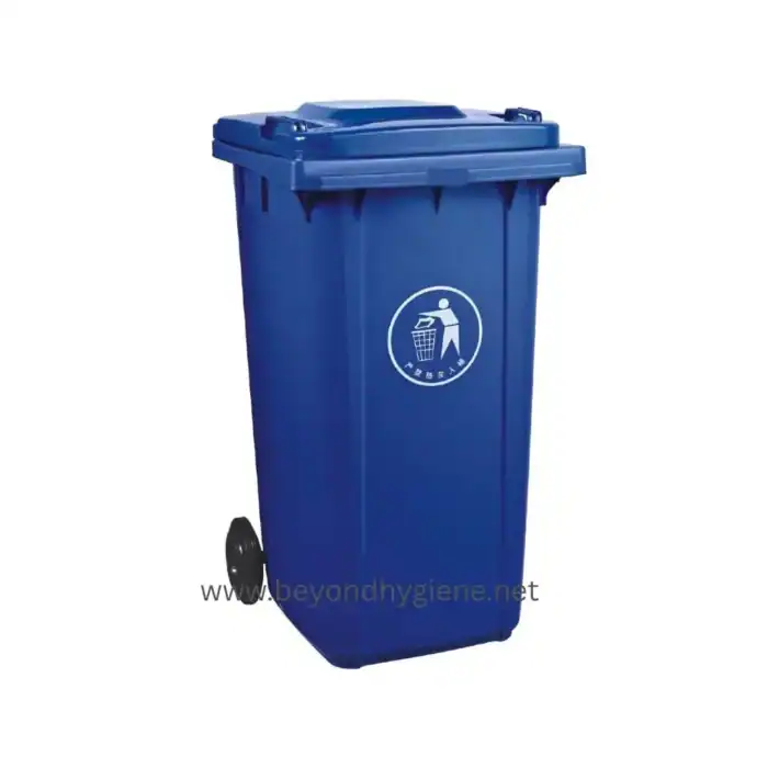 Blue outdoor trash bin with hygiene icon, promoting waste disposal and cleanliness in Asian communities.