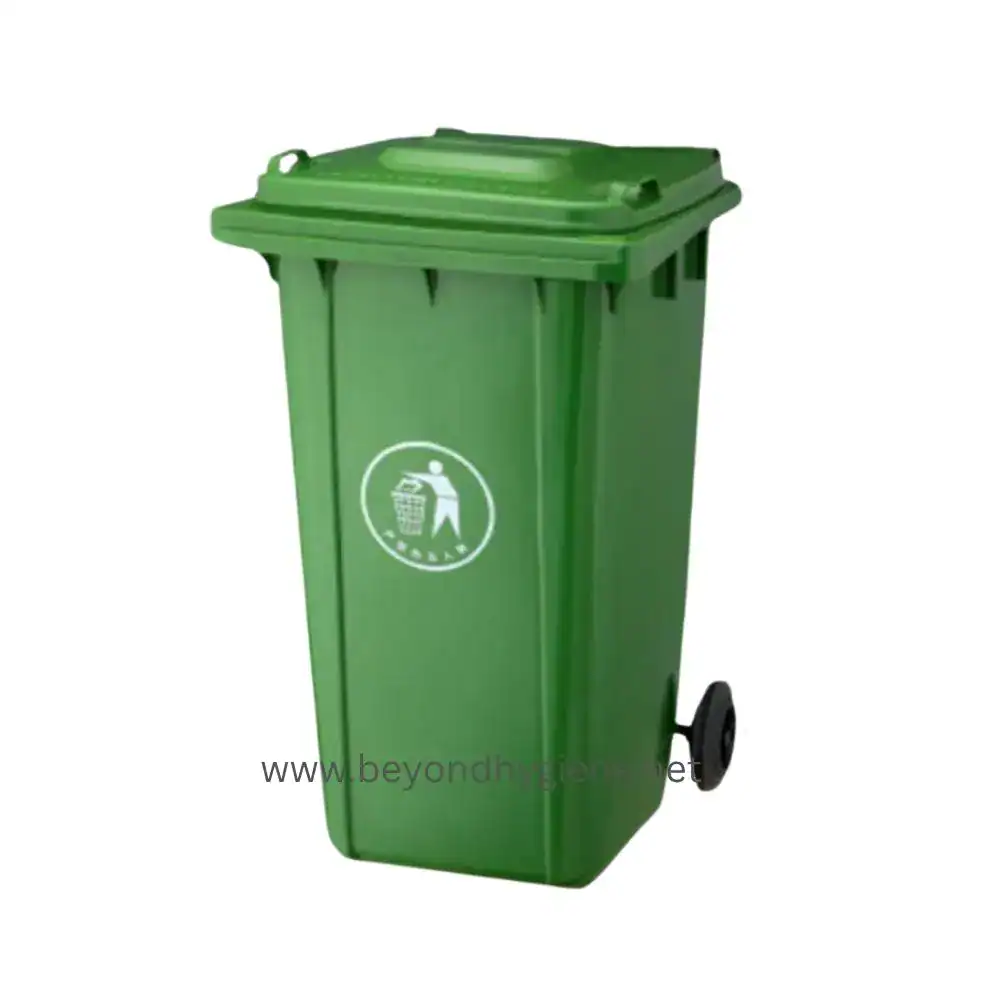 120L Trash Bin with Wheels - Green (LD120) Green waste trash bin for waste disposal and recycling in hygiene and sanitation services.