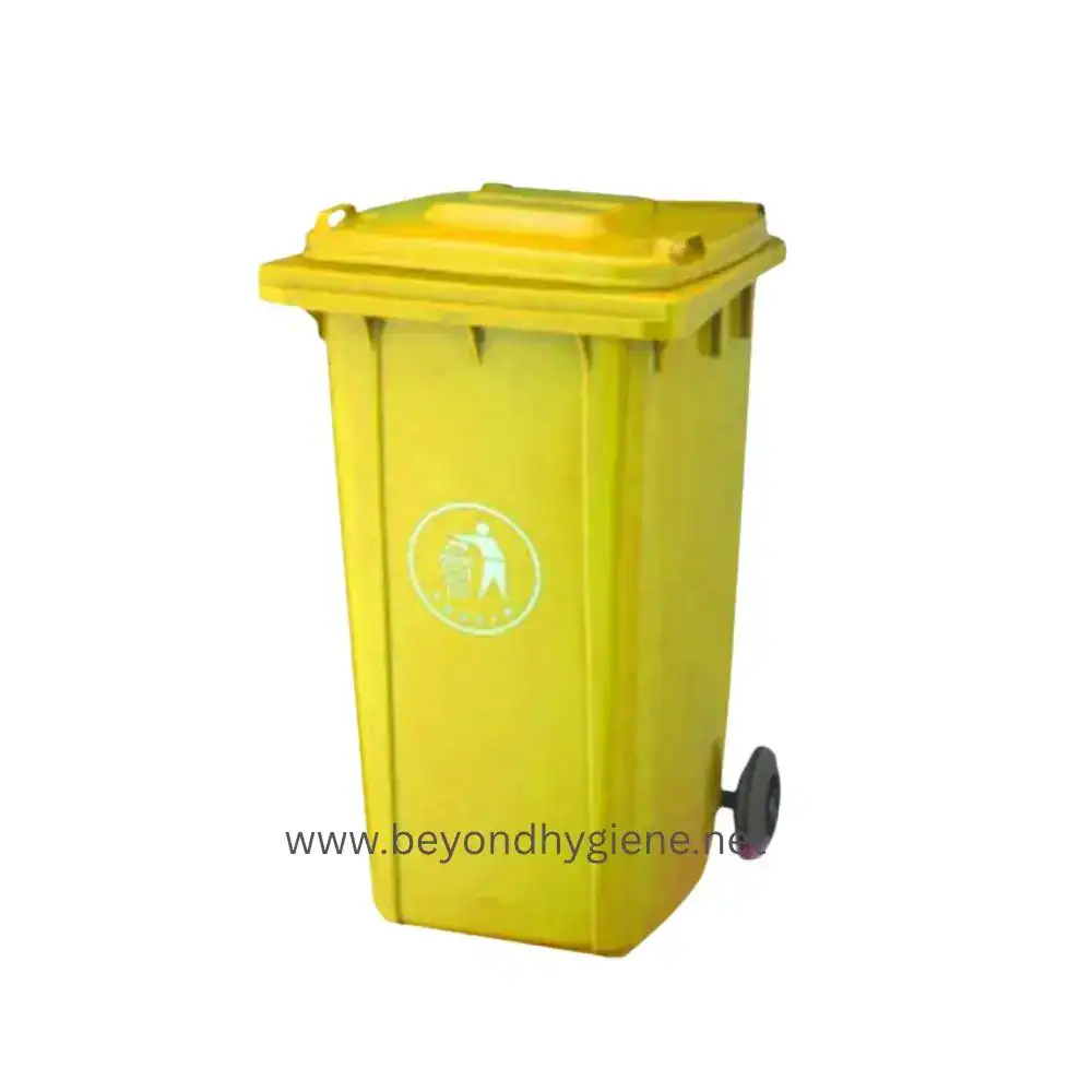 Yellow waste bin for hygienic waste disposal in Asia, mobile trash container, outdoor sanitation, eco-friendly waste management solution, beyond hygiene product.