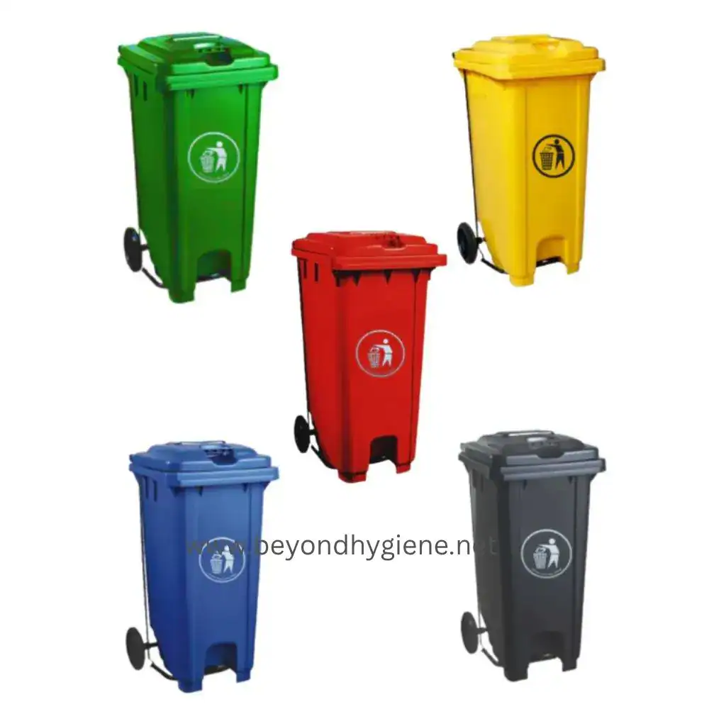 Green, yellow, red, blue, and black waste bins for city sanitation services, featuring durable design and wheels for easy mobility, ideal for urban waste management solutions.