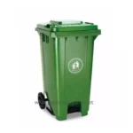 Trash bin for waste disposal, green color, suitable for sanitation and hygiene, made of durable plastic, with wheels for easy mobility, ideal for public or commercial spaces.