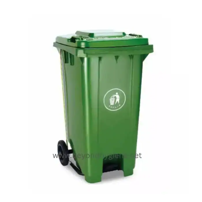 Trash bin for waste disposal, green color, suitable for sanitation and hygiene, made of durable plastic, with wheels for easy mobility, ideal for public or commercial spaces.