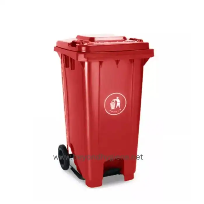 Red outdoor waste bin with wheels for sanitary sanitation and waste disposal.