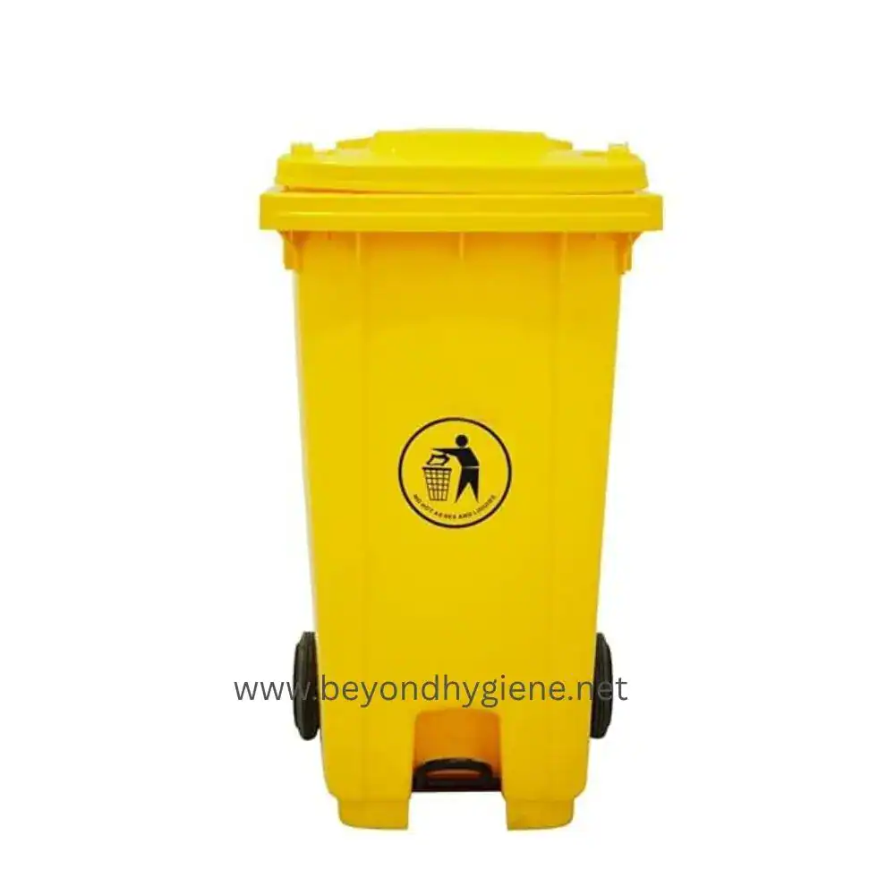 120L Trash Bin with Wheels and Pedal - Yellow (LD120C) Yellow waste disposal bin for hygiene and waste management with lid and wheels, suitable for sanitary facilities and cleaning services.