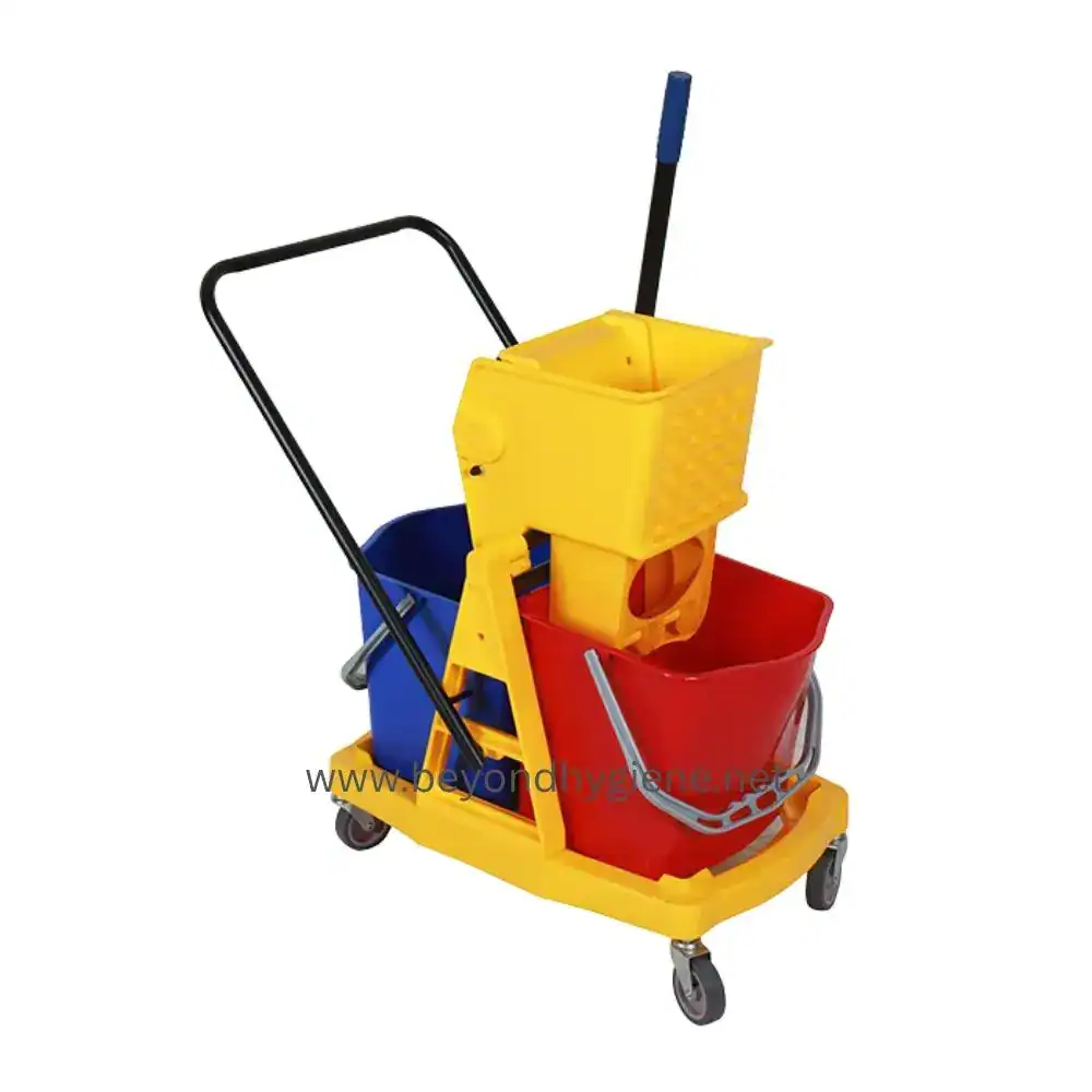 2 Bucket Wringer Trolley 60L (KH08073) (2) Spill mop bucket with wringer system, yellow, red, and blue cleaning carts, professional cleaning equipment, janitorial supplies, hygiene maintenance tools for commercial cleaning.