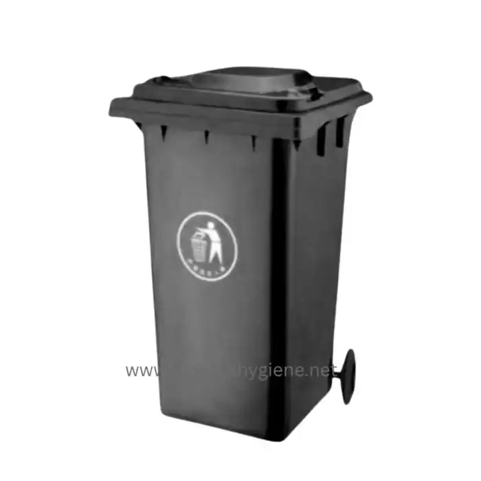 White and black outdoor trash bin with wheels for waste management in public spaces.